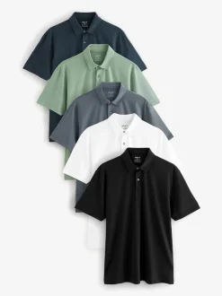 Marine/Marron/Gris/Blanc/Vert sauge Vert - Ajustement régulier - Polo en jersey Manches courtes 5 Pack