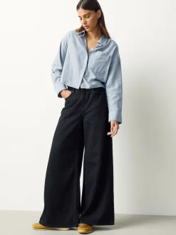 Marine/White Stripe - Chemise raccourcie décontractée à manches longues avec broderie de poche