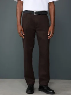 Marron - Ajustement droit - Chinos en coton brossé élégant TENCEL™ Lyocell Blend avec ceintures