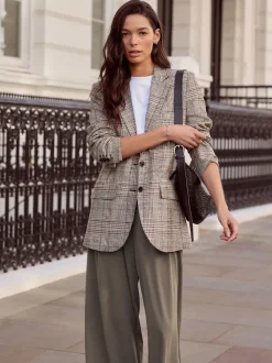 Marron - Blazer N. Premium à carreaux, riche en lin, simple boutonnage