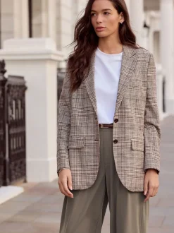 Marron - Blazer N. Premium à carreaux, riche en lin, simple boutonnage