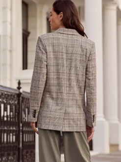 Marron - Blazer N. Premium à carreaux, riche en lin, simple boutonnage