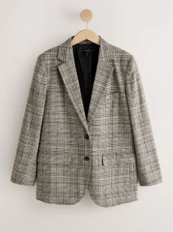 Marron - Blazer N. Premium à carreaux, riche en lin, simple boutonnage