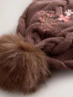 Marron - Bonnet bébé à pompons brodé à fleurs (0mois-2ans)
