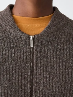 Marron - Cardigan zippé à texture côtelée en laine