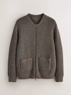 Marron - Cardigan zippé à texture côtelée en laine