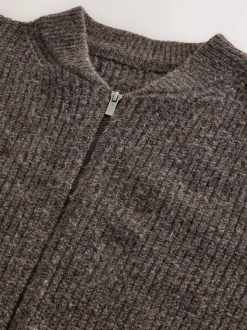 Marron - Cardigan zippé à texture côtelée en laine