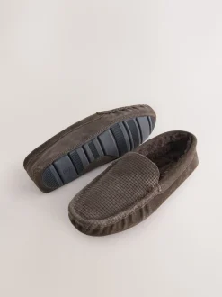 Marron - Chaussons mocassins en daim doublés de fausse fourrure