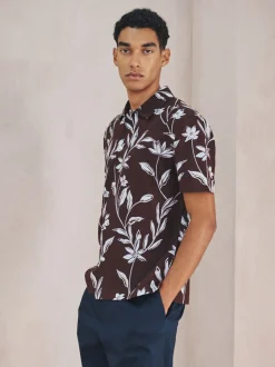 Marron - Chemise en lin et TENCEL™ Blend manches courtes à imprimé Fleuri