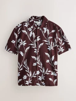 Marron - Chemise en lin et TENCEL™ Blend manches courtes à imprimé Fleuri