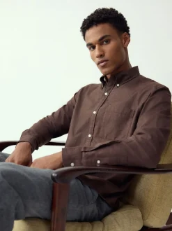 Marron - Chemise Oxford douce à manches longues