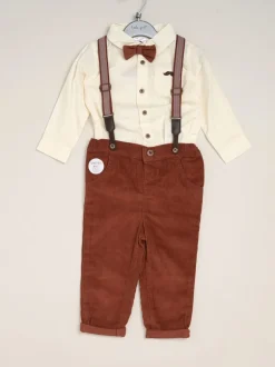 Marron - Little Gent nœud papillon en velours côtelé avec nœud papillon et pantalon avec bretelles