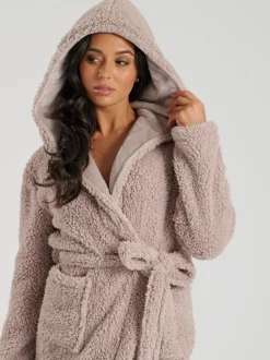 Marron - Loungeable Robe de chambre maxi sherpa de Noël avec capuche luxueuse doublée de polaire