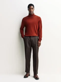 Marron - Pantalons élégants texturés et fuselés coupe standard avec laine