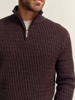 Marron - Pull texturé Coupe classique à col zippé