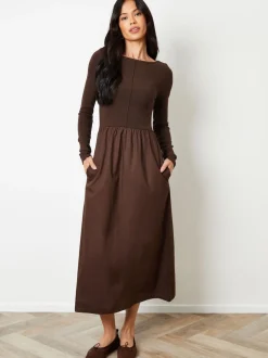 Marron - Robe Threadbare 2en jersey à manches longues1 en popeline mélangée à col coupé