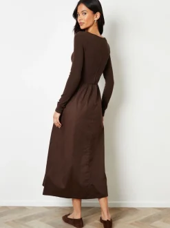 Marron - Robe Threadbare 2en jersey à manches longues1 en popeline mélangée à col coupé