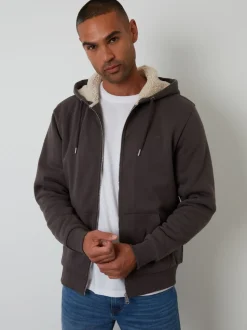 Marron - Sweat à capuche Threadbare zippé doublé de peau de mouton