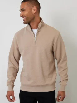 Marron - Sweat Threadbare texturé à col zippé