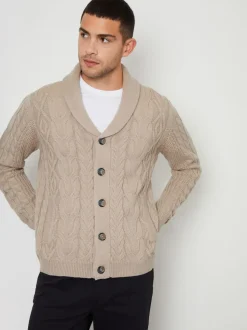 Marron - Threadbare Cable Knit Shawl Collar Cardigan With Wool