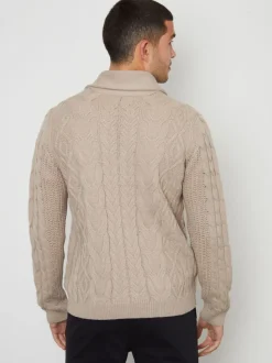 Marron - Threadbare Cable Knit Shawl Collar Cardigan With Wool