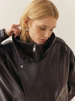 Marron - Veste de motard à col entonnoir en similicuir Nothing Ordinary