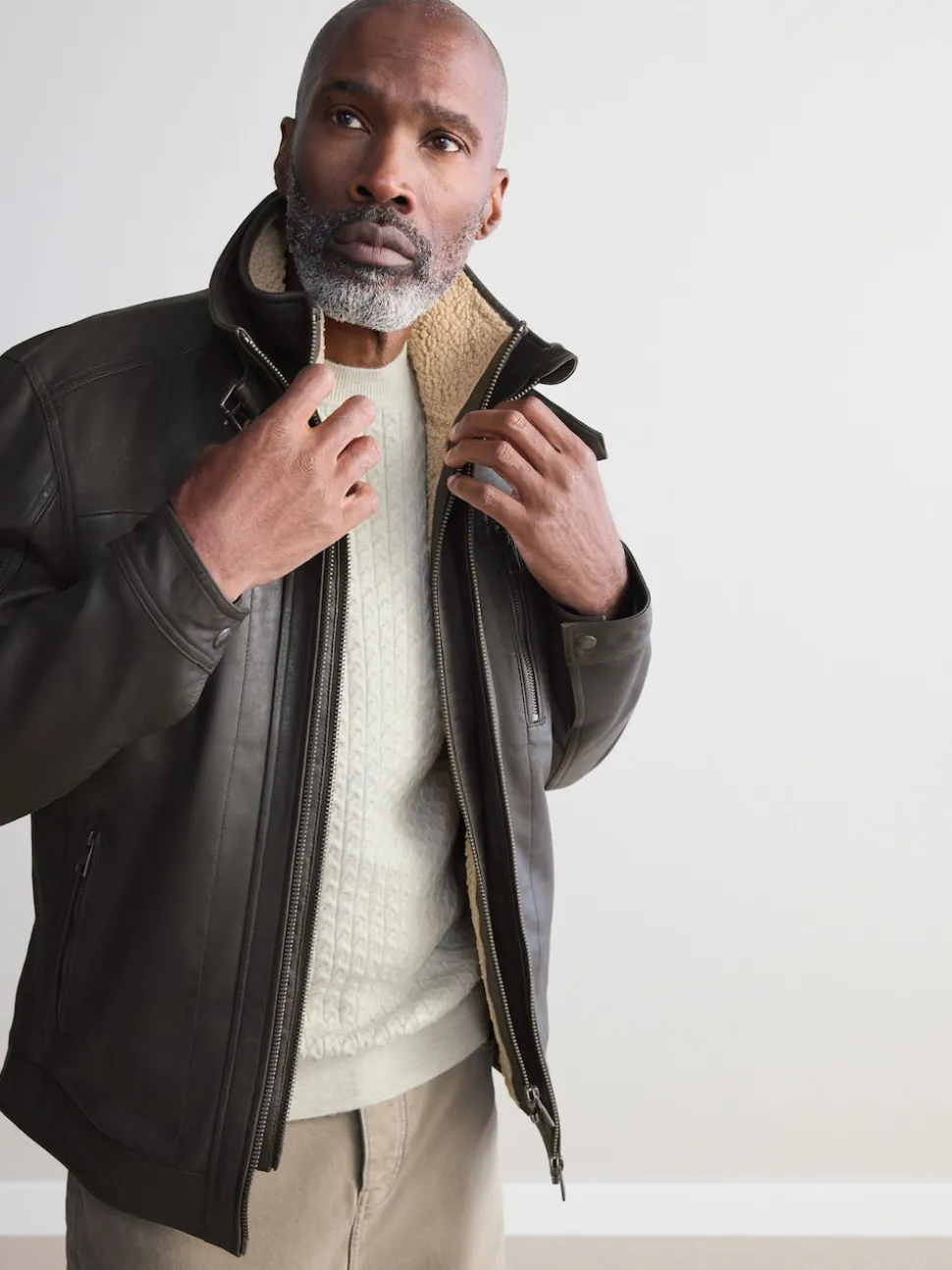 Marron - Veste en cuir Signatures à quatre poches doublée Borg