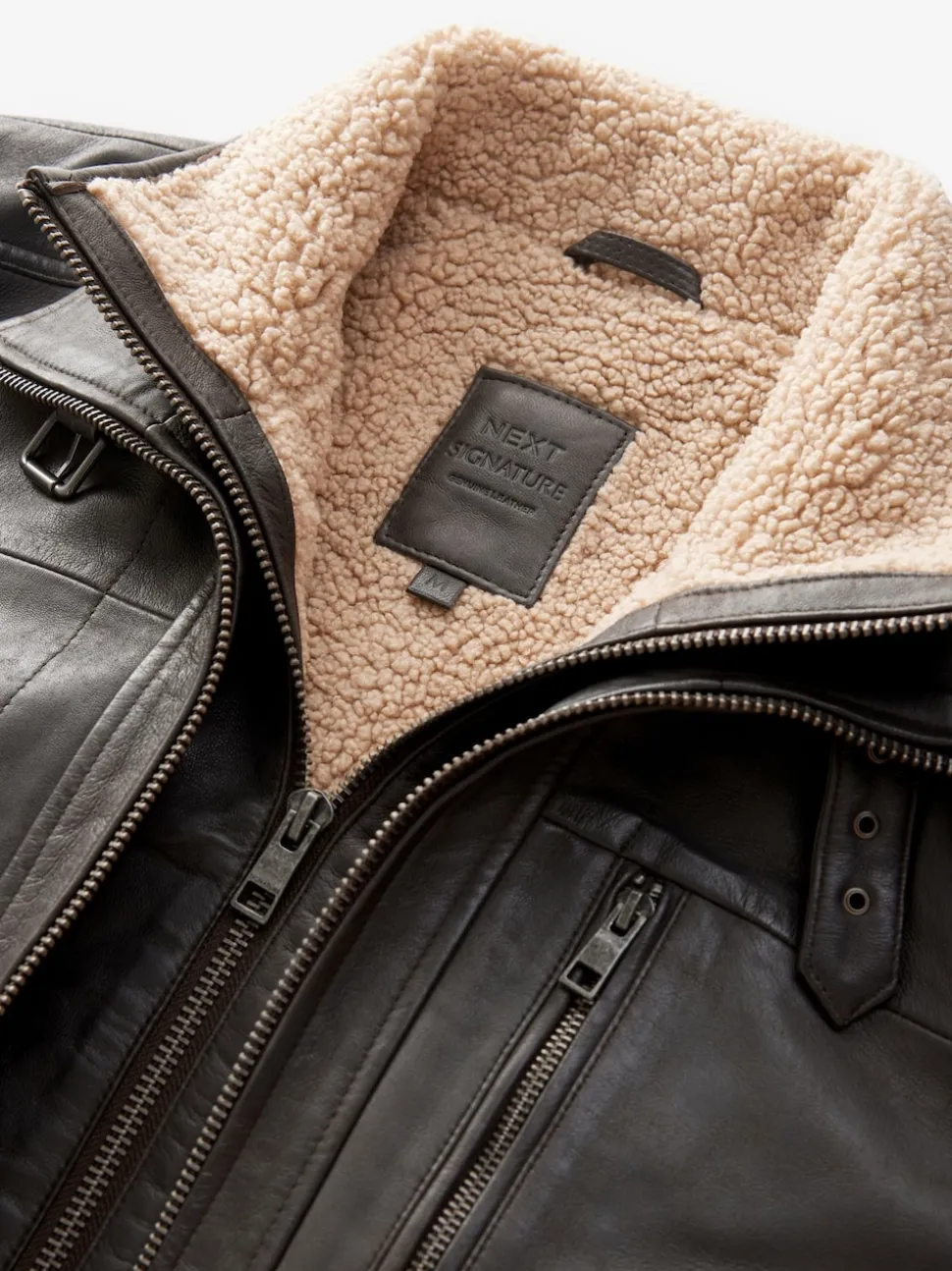 Marron - Veste en cuir Signatures à quatre poches doublée Borg