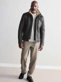 Marron - Veste en cuir Signatures à quatre poches doublée Borg