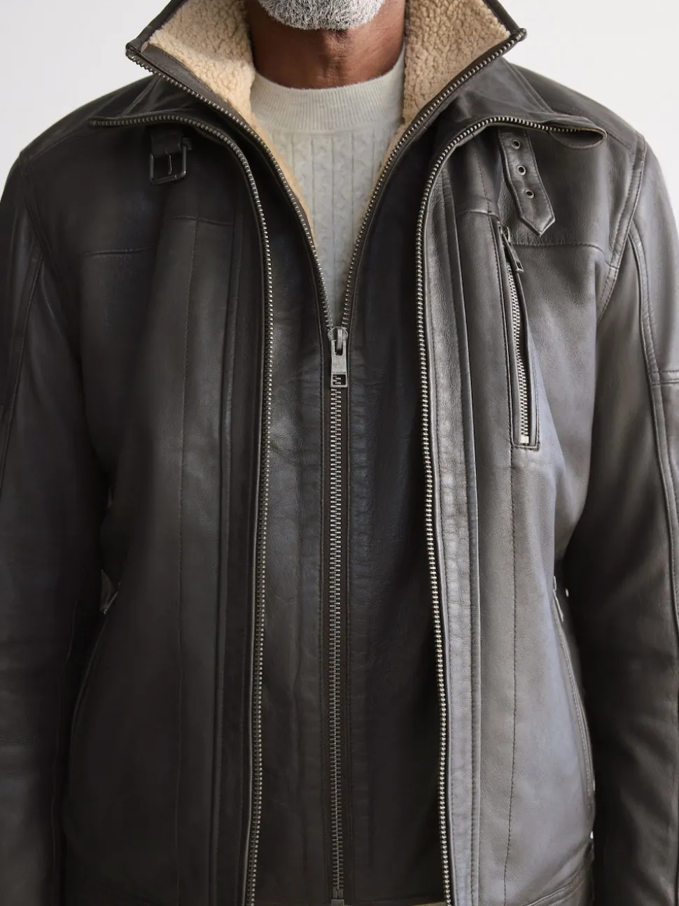 Marron - Veste en cuir Signatures à quatre poches doublée Borg