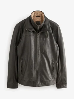 Marron - Veste en cuir Signatures à quatre poches doublée Borg