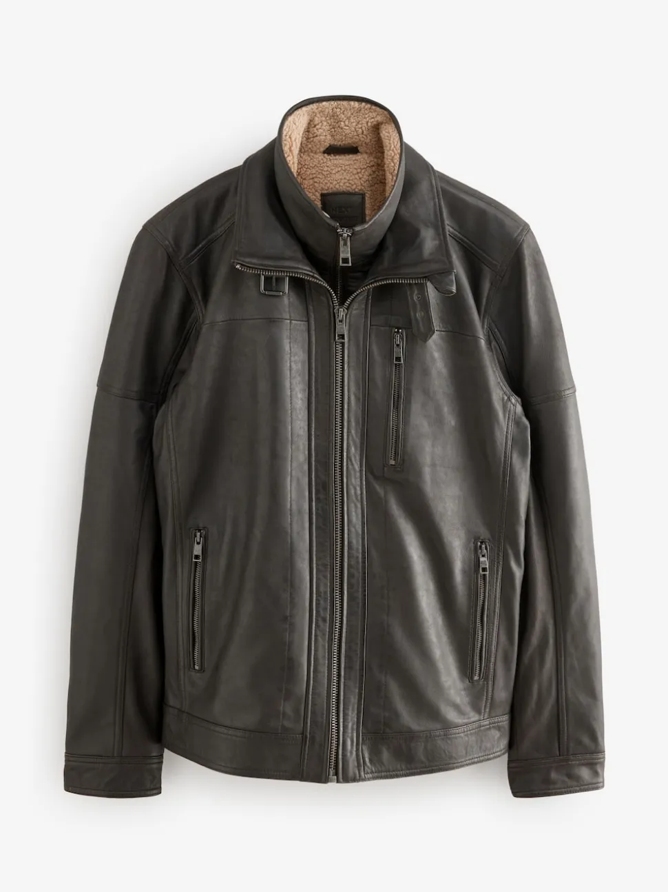 Marron - Veste en cuir Signatures à quatre poches doublée Borg