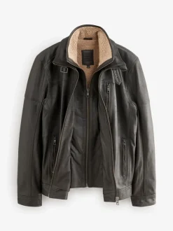 Marron - Veste en cuir Signatures à quatre poches doublée Borg