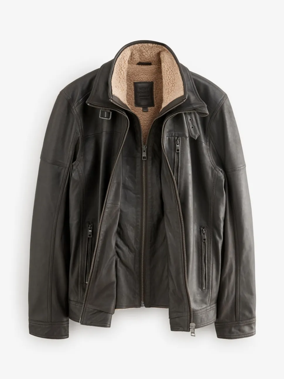 Marron - Veste en cuir Signatures à quatre poches doublée Borg