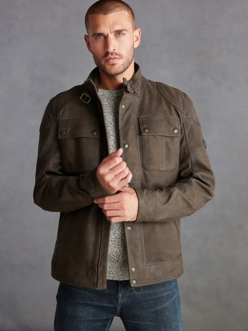 Marron - Veste motard Signature en cuir à quatre poches