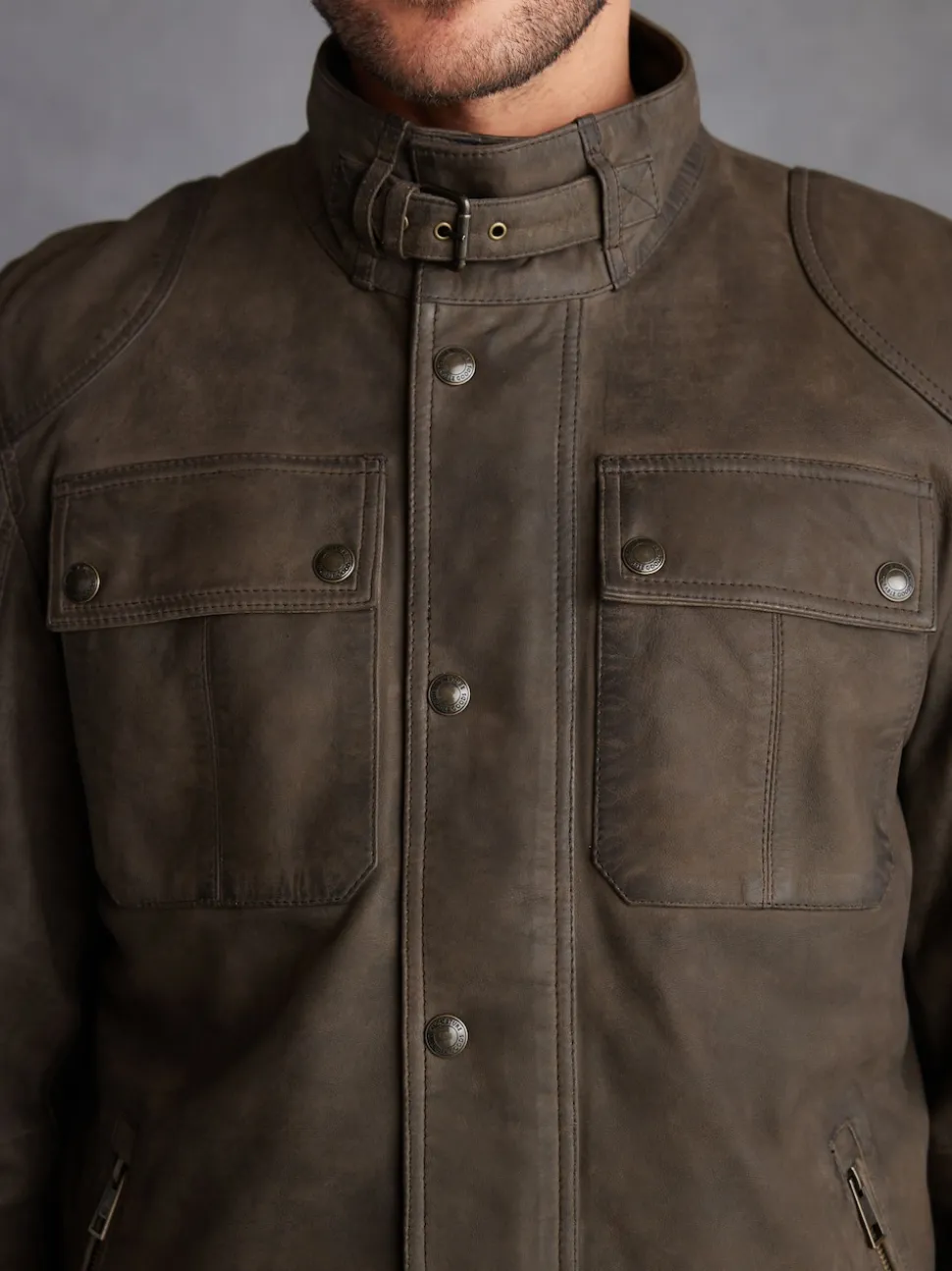 Marron - Veste motard Signature en cuir à quatre poches