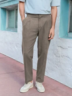 Marron champignon - Pantalon élégant aspect lin avec cordon de serrage interne