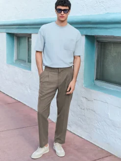 Marron champignon - Pantalon élégant aspect lin avec cordon de serrage interne