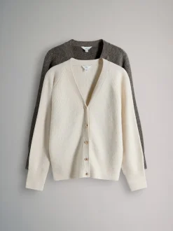 Marron chiné/Crème - The Set lot de 2 cardigans en maille côtelée épaisses avec laine