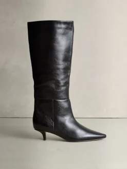 Marron chocolat - Bottes hauteur genou en cuir effet froissé Signature Underset à talon