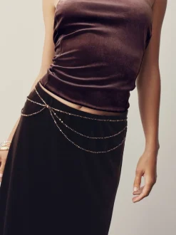 Marron chocolat - Ceinture Skinny métallisée à perles étagées