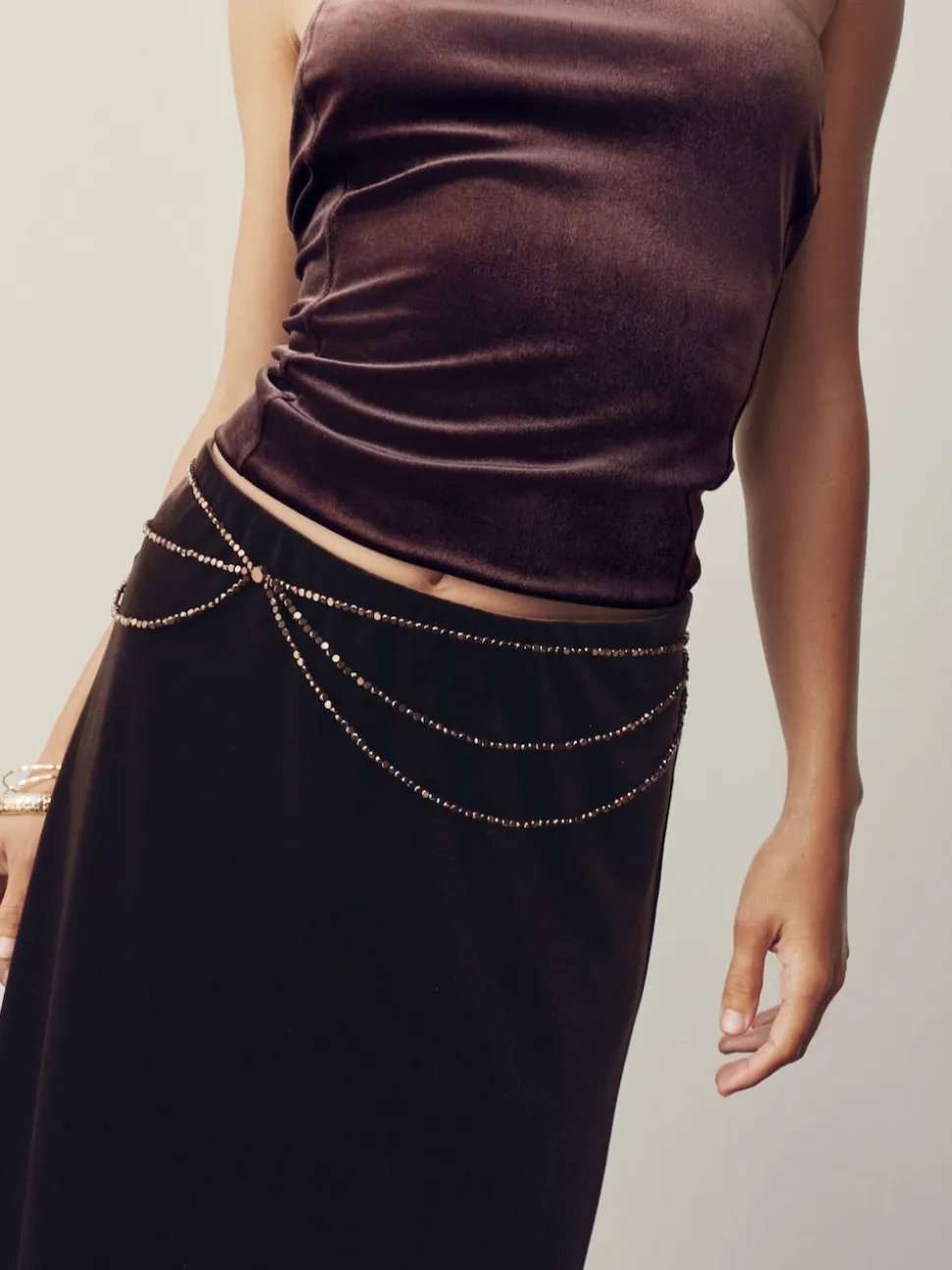 Marron chocolat - Ceinture Skinny métallisée à perles étagées