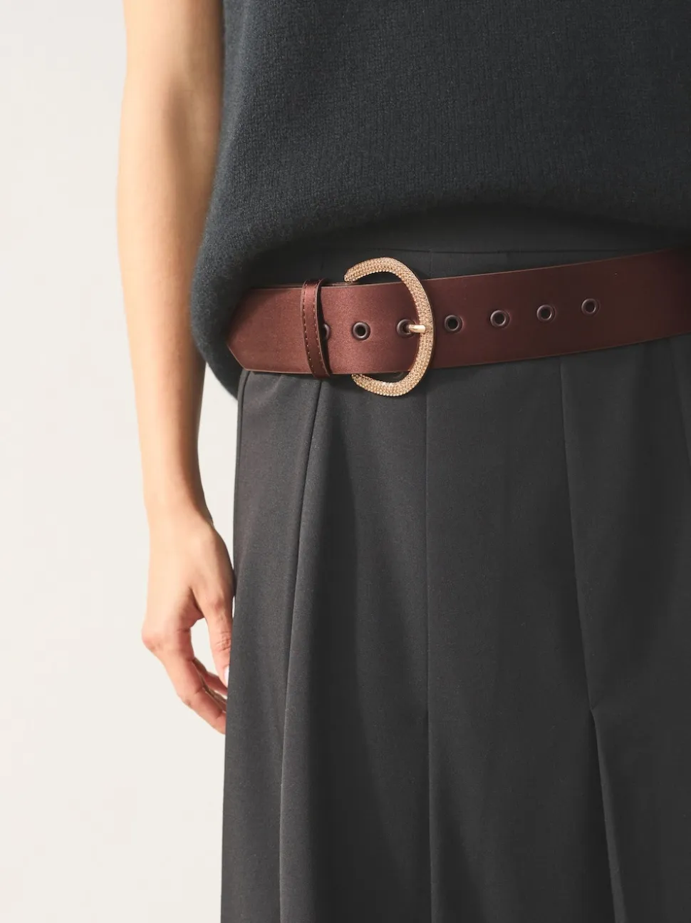 Marron chocolat - Ceinture en satin avec boucle en diamant
