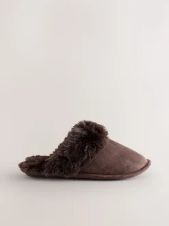 Marron chocolat - Chaussons mules en daim en fausse fourrure