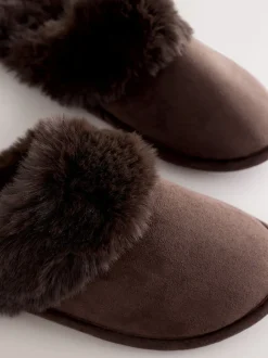 Marron chocolat - Chaussons mules en daim en fausse fourrure