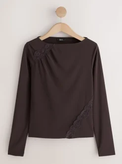 Marron chocolat - Haut Manche longue détail Dentelle