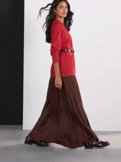 Marron chocolat - Jupe maxi plissée en satin