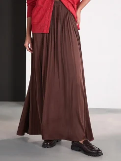 Marron chocolat - Jupe maxi plissée en satin