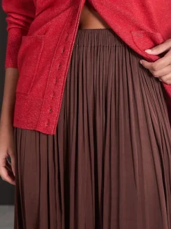 Marron chocolat - Jupe maxi plissée en satin
