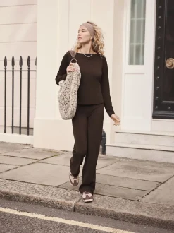 Marron chocolat - Leggings évasés froncés côtelés doux au toucher